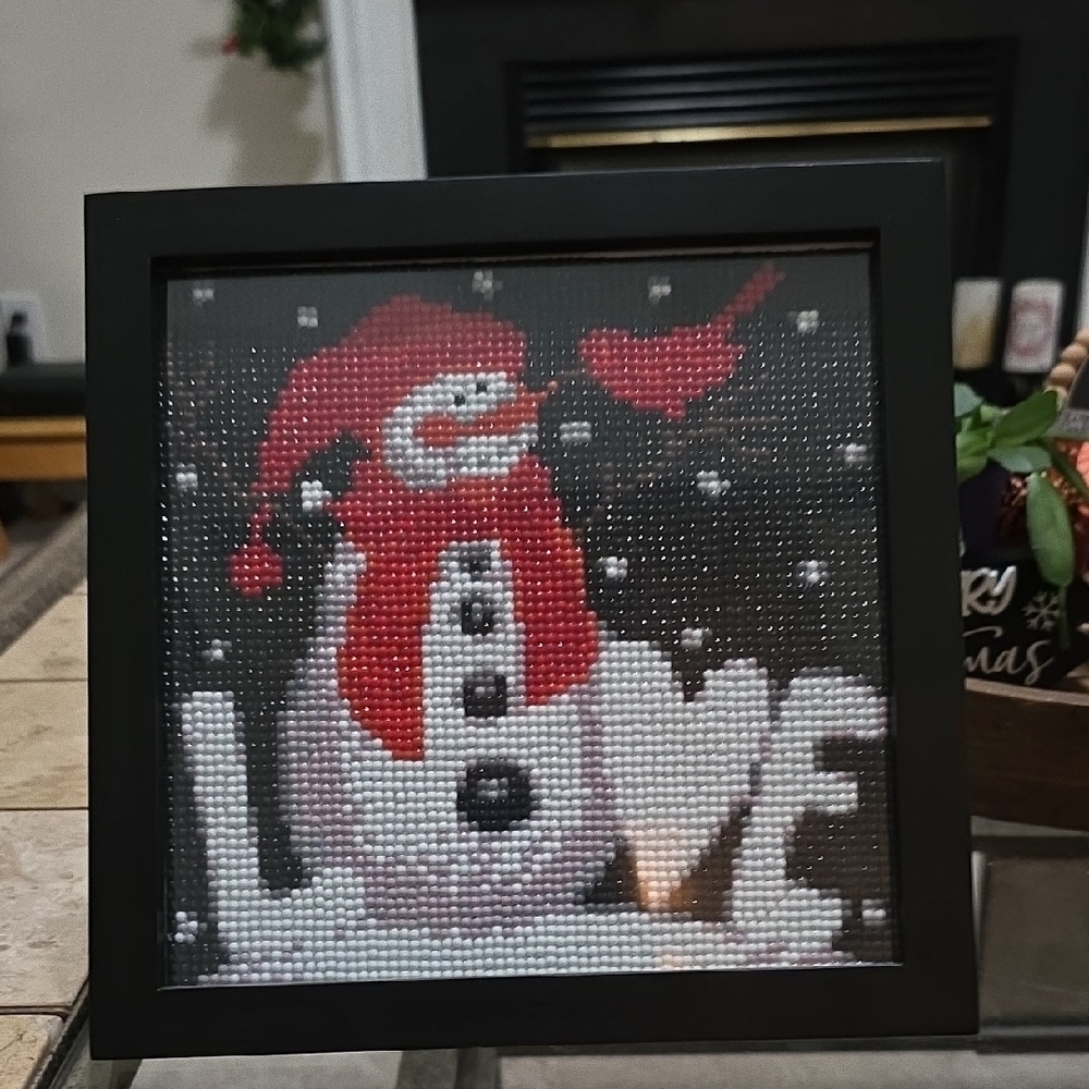 Snowman Love Framed Handmade Diamond Art ~ 9in X 9in X 0.5in Wide